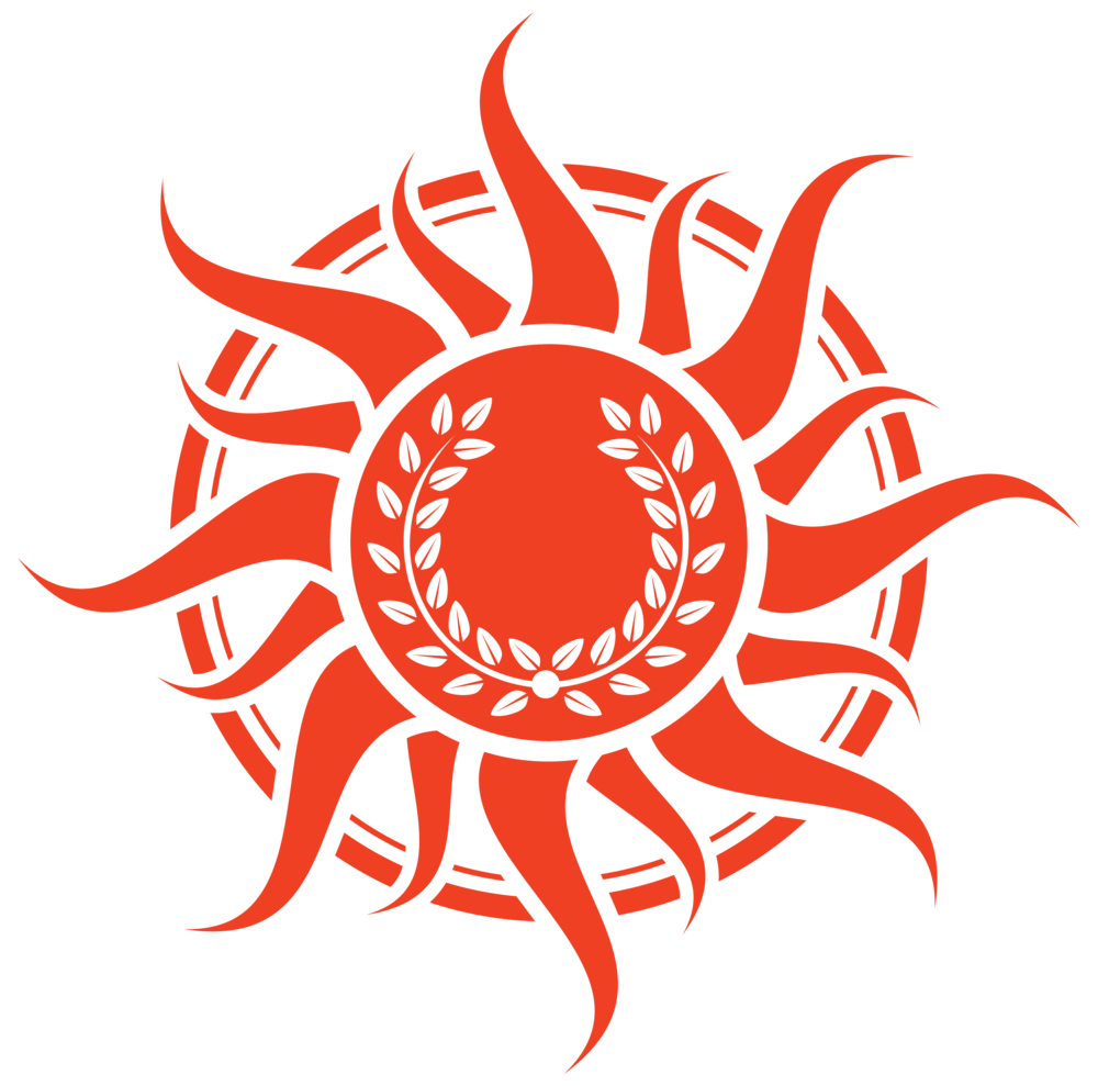 Nationalist Icon. Light and Victory Logo. Reddish orange sun with laurel wreath in centre.